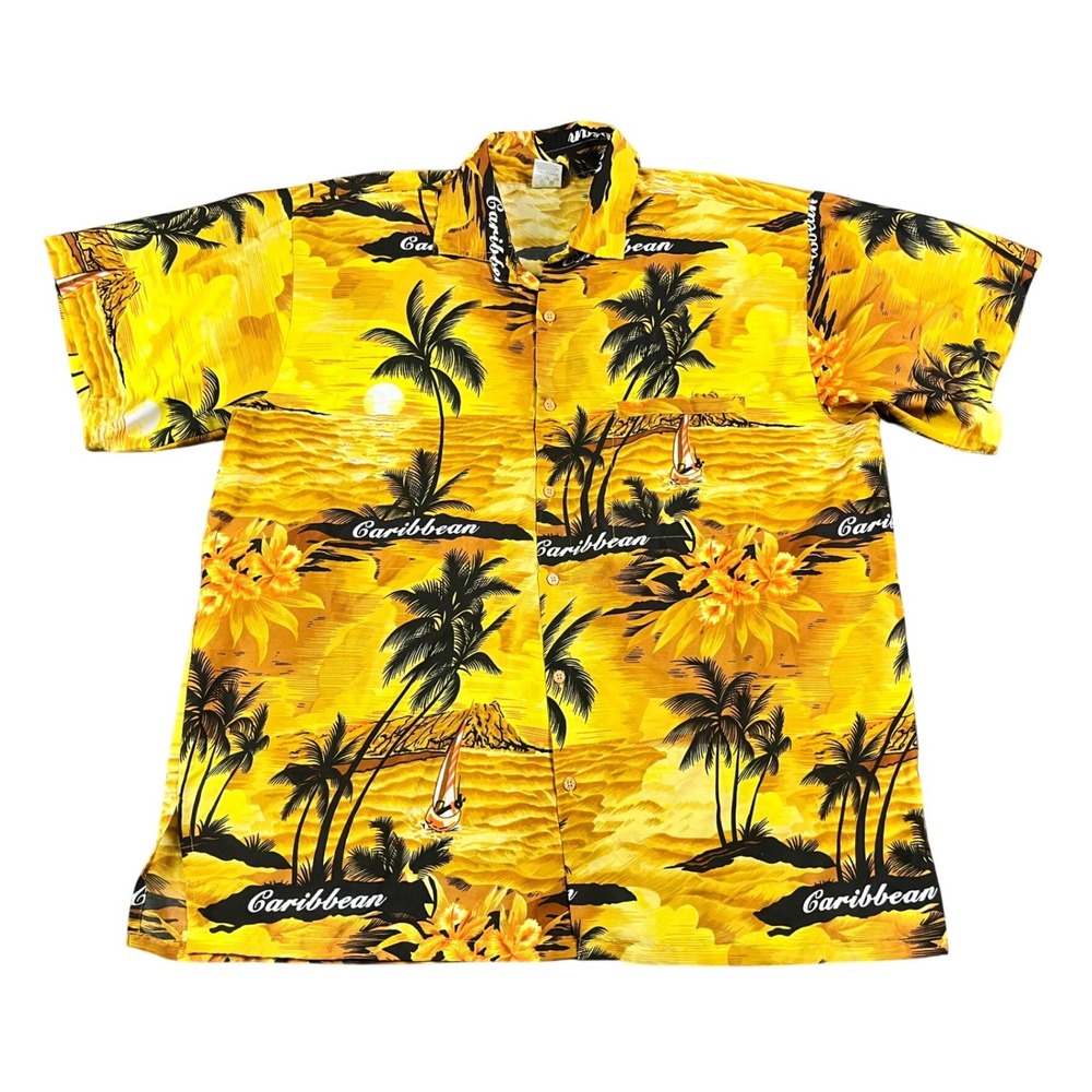 Rima Caribbean Tropical Sunset Palm Tree Yellow Terivoile Shirt Mens XL